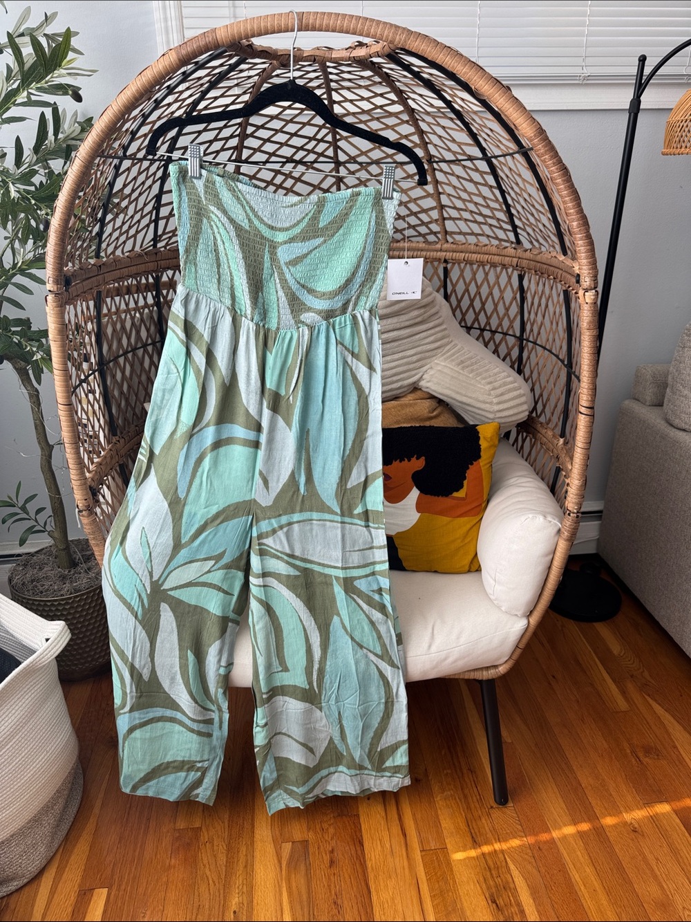 O'Neill Mint and Olive Strapless Smocked Wide-Leg Jumpsuit